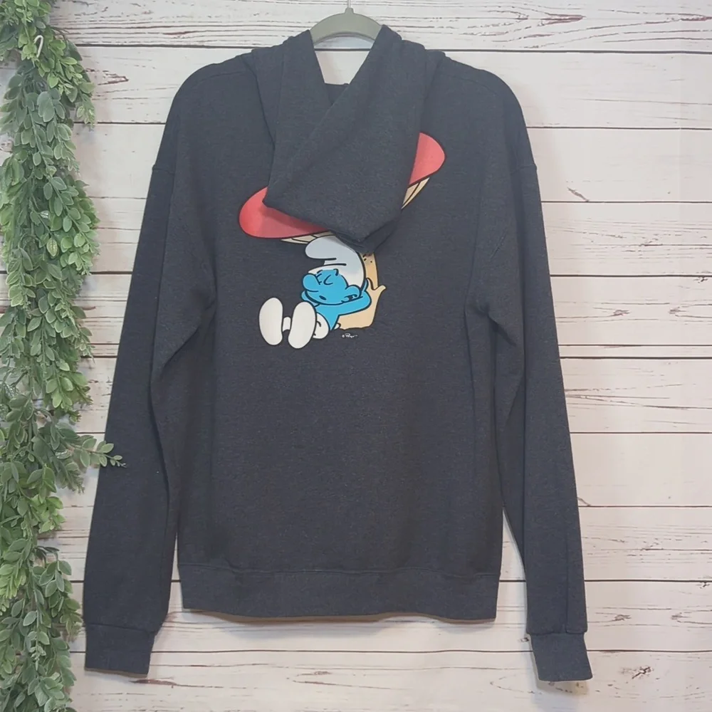 The Smurfs Peyo Lazy Sleepy Smurf Mushroom Hooded Sweatshirt Hoodie‎ Medium Grey
